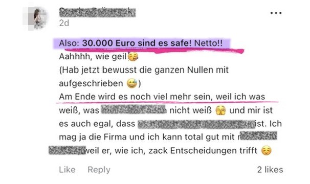 Kommentar einer Kundin: 30.000 Euro sind safe, netto