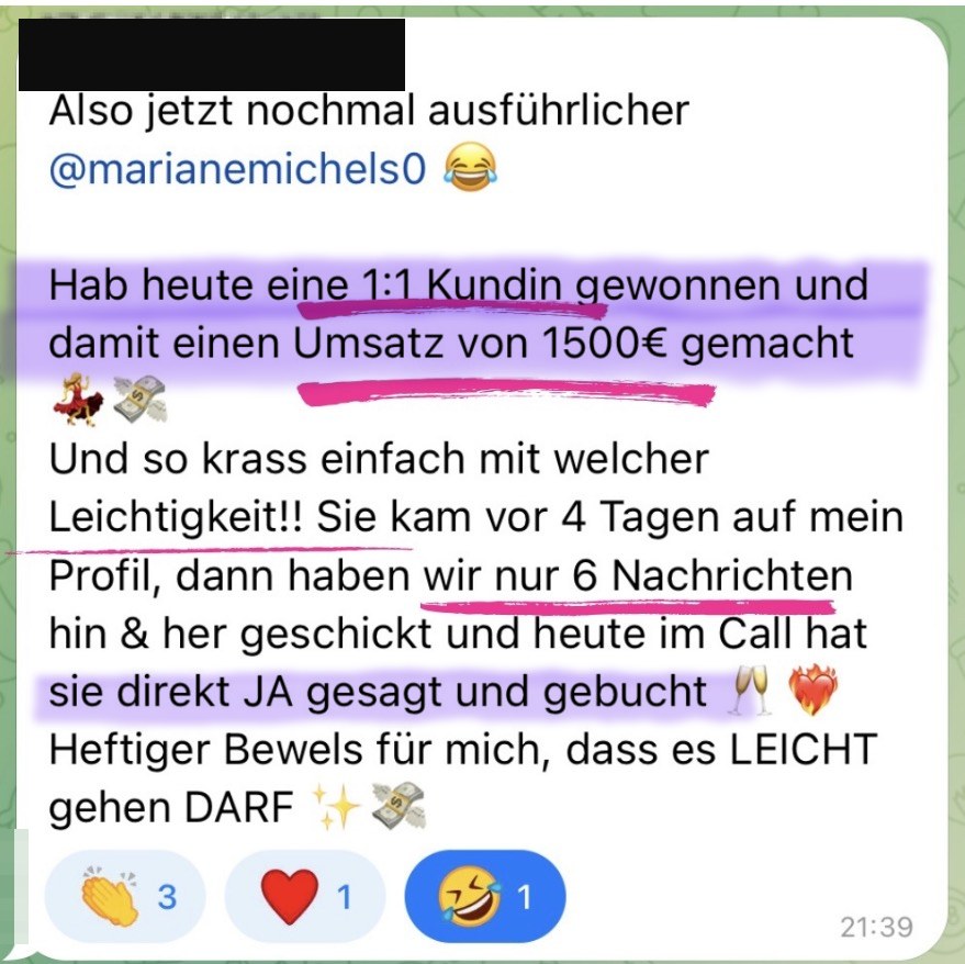 Nachricht einer Kundin: 1:1-Kundin mit 1.500 Euro nach 6 Nachrichten gewonnen