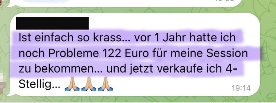 Nachricht einer Kundin: vor 1 Jahr 122 Euro pro Session, jetzt 4-stellig