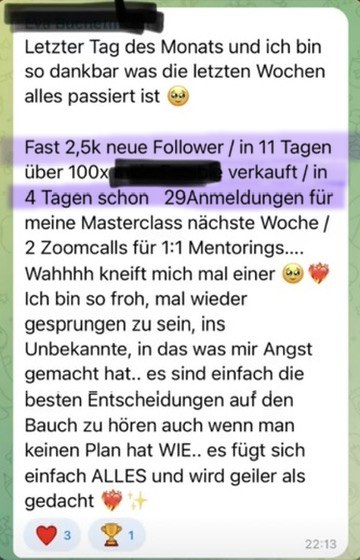 Nachricht einer Kundin: 2.500 neue Follower in 11 Tagen und 29 Anmeldungen