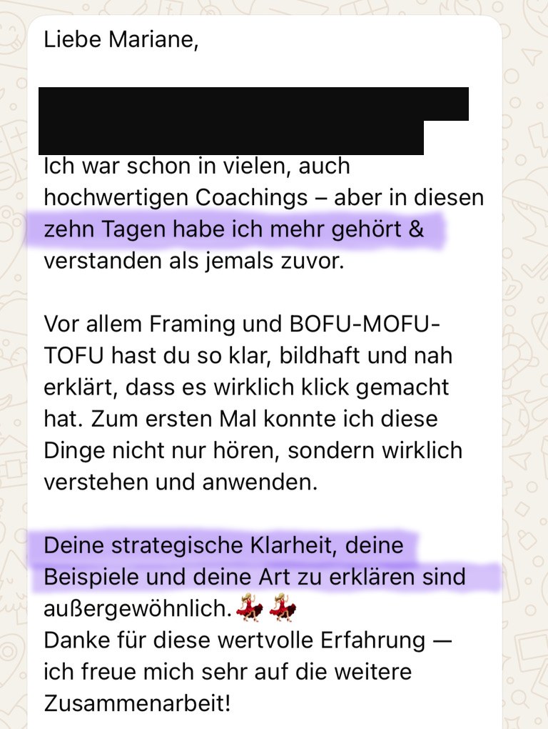 Nachricht einer Kundin: In diesen zehn Tagen mehr gehört und verstanden als jemals zuvor